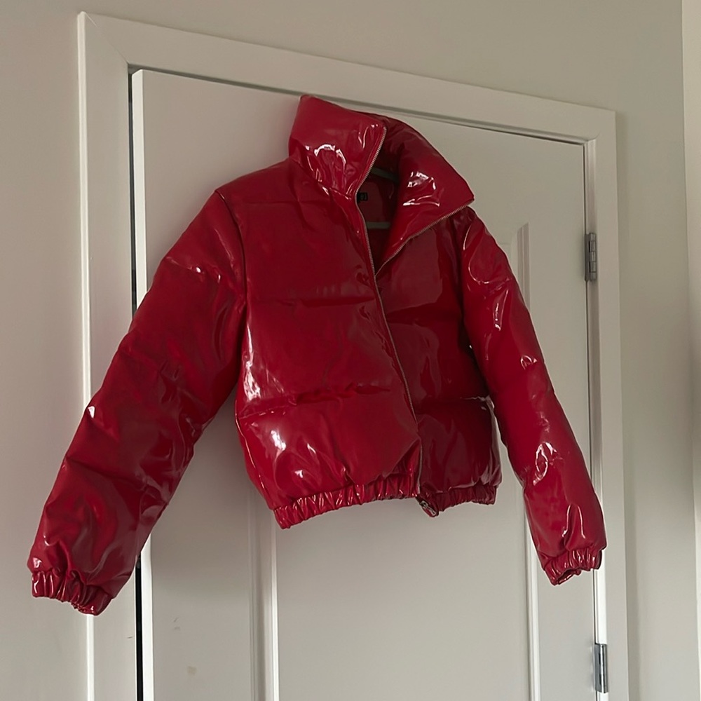 Red Cropped Vinyl PufferCoat
